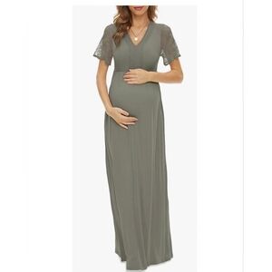 Maternity V-Neck Lace Sleeve Maxi Dress in Olive